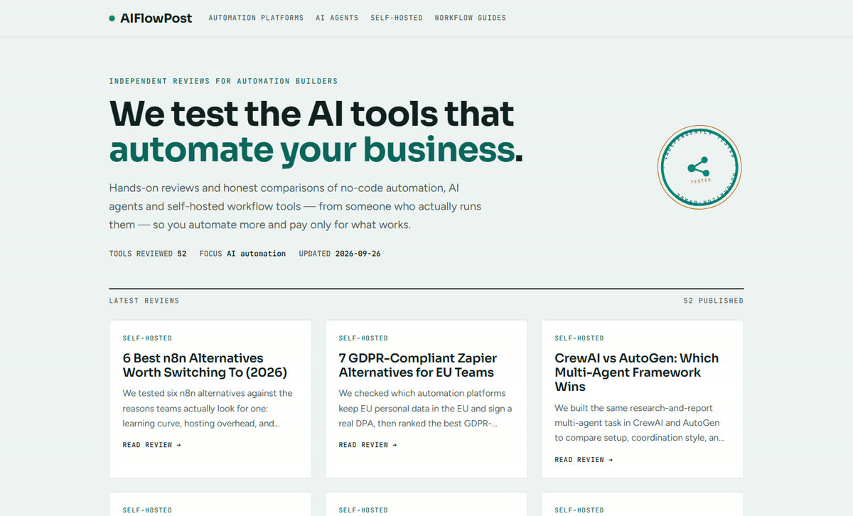 Portada de la web de reseñas de automatización